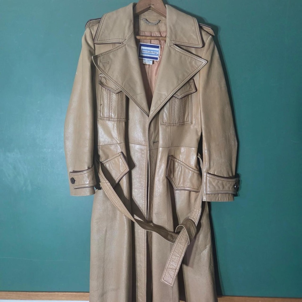 Vintage 70s Suburban Heritage Camel Leather Trench Coat Belted Duster Jacket SM